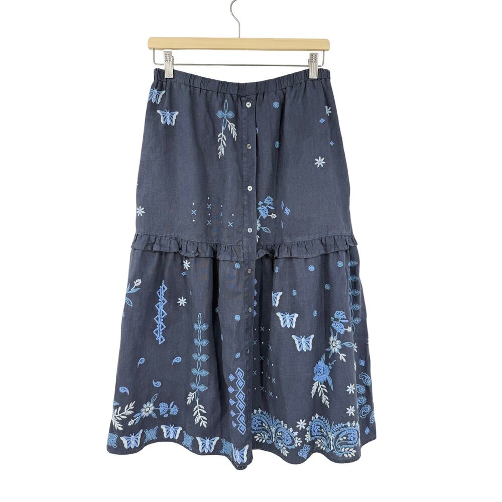 JOHNNY WAS Nico Ruffle Tiered Midi Skirt Womens XS Blue Linen Embroidered Boho - Picture 3 of 13